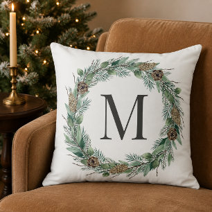 Coussin Couronne de pin aquarelle Monogramme Cône de pin H