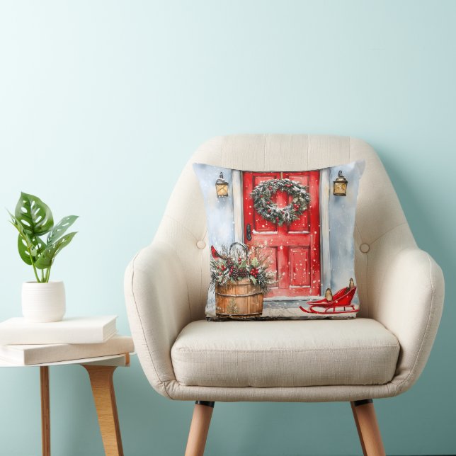 Coussin Couronne de porte de Noël rouge hivernal rustique  (Chaise)