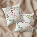 Coussin Couronne de roses pour les 40 ans de mariage Rubis<br><div class="desc">Caractérisé par une délicate couronne florale à l'aquarelle,  ce chic coussin souvenir botanique pour les 40 ans de mariage peut être personnalisé avec vos informations spéciales d'anniversaire en élégant texte rouge rubis. Conçu par Thisisnotme©</div>