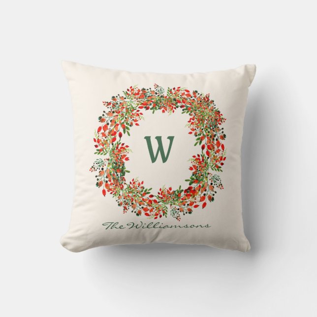 Coussin Couronne de verdure à l'aquarelle élégante Monogra (Recto)