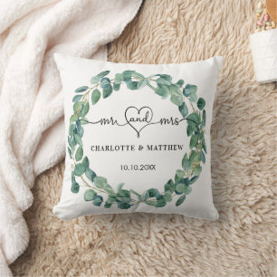 Coussin couronne d'eucalyptus mariage m. noms de coeur