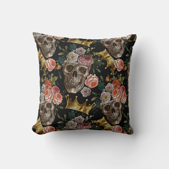 Coussin Couronne d'or Crâne Roses rouges Gothique Hallowee (Recto)
