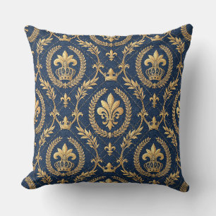 Coussin Couronne d'or Royale Bleu Velours Luxe Motif Damas