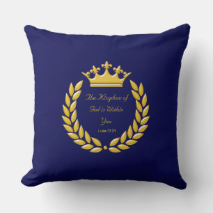 Coussin Couronne dorée & verset biblique sur fond bleu mar