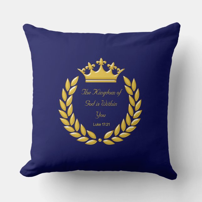 Coussin Couronne dorée & verset biblique sur fond bleu mar (Recto)