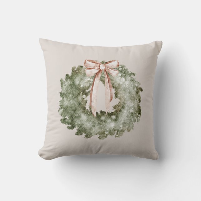 Coussin Couronne et noeud de Noël rustique aquarelle (Recto)