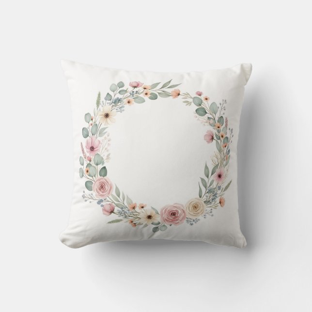Coussin Couronne florale aquarelle rose poussiéreux et euc (Recto)
