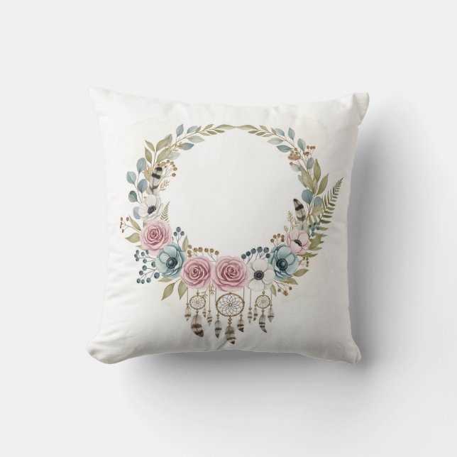 Coussin Couronne florale attrape-rêves bohème aquarelle (Recto)