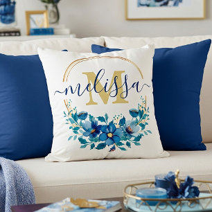 Coussin Couronne florale bleue et or personnalisée
