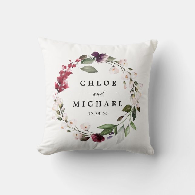 Coussin Couronne florale botanique rouge et violette (Recto)