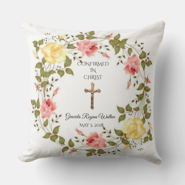 Coussin Couronne florale Crucifix Roses rose jaune (Recto)