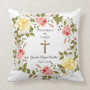 Coussin Couronne florale Crucifix Roses rose jaune