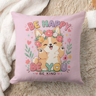 Coussin Couronne florale de Corgi mignon Soyez heureux, so