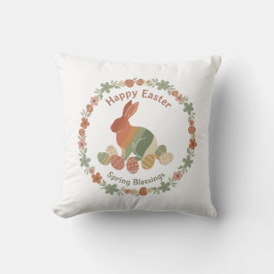 Coussin Couronne florale de Pâques Boho Chic Lapin et Œufs