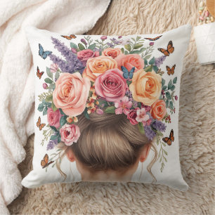 Coussin Couronne florale femme avec roses et papillons Eau