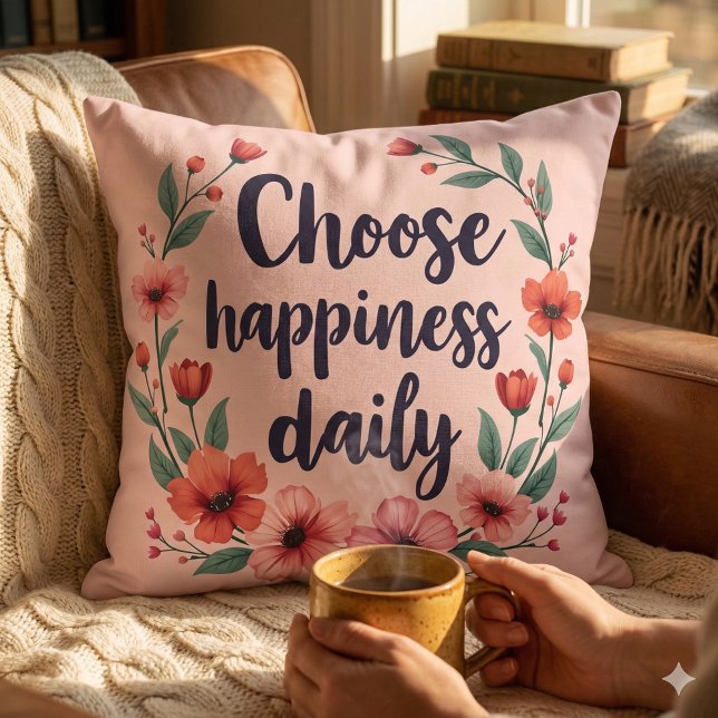 Coussin Couronne florale quotidienne de bonheur (Choose Happiness Daily Floral Wreath Throw Pillow Mockup D)