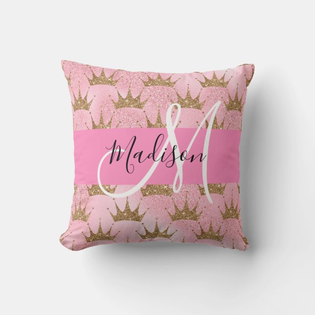 Coussin Couronnes Monogramme Paillettes Rose & Or Glamour (Recto)