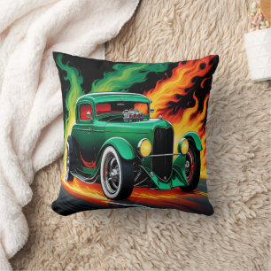 Coussin Course d'hotrod vert dans des rues enflammées la n