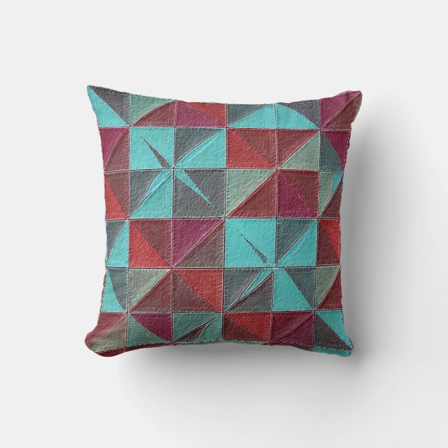 Coussin courtepoint rouge, sarcelle, violet et gris (Recto)