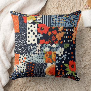 Coussin Courtepoint vintage marine corail en patchwork flo