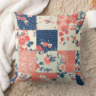 Coussin Courtepointe florale de cottage pastel en indigo e