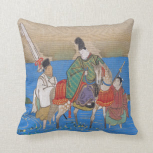 Coussin Courtisan masculin traversant à cheval la rivièr
