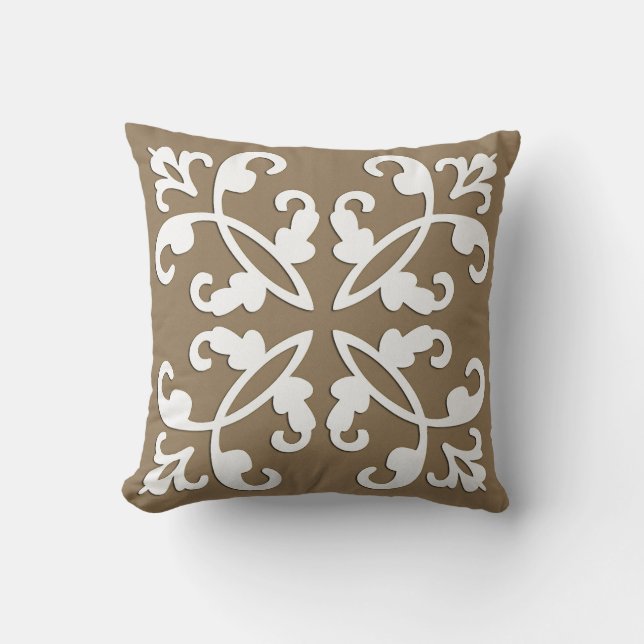 Coussin Coutwork en dentelle - blanc sur taupe (Recto)
