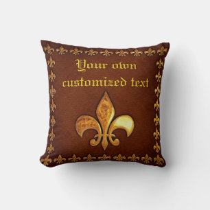 Coussin Couverture en cuir vieilli avec fleur de Lys doré
