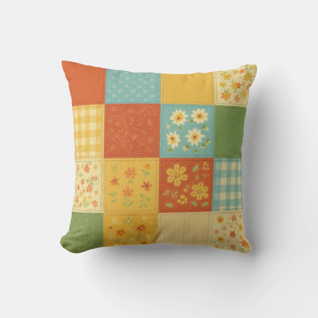Coussin Couverture patchwork jaune bleu de ferme rustique  (Recto)