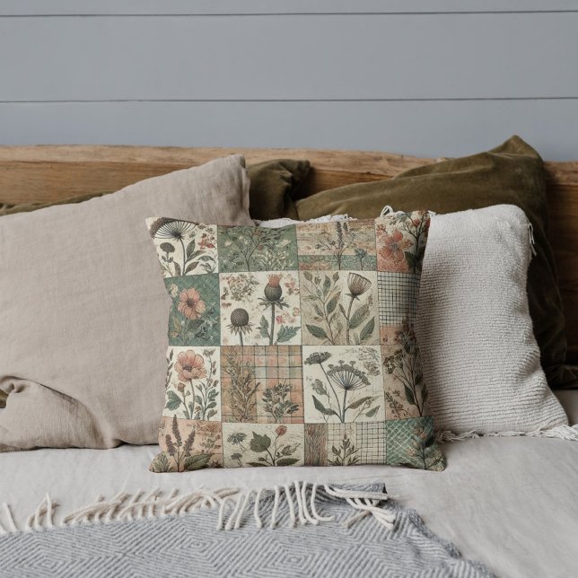 Coussin Couvre-lit Patchwork Vert Rose Rétro Vintage Rusti (Créateur téléchargé)