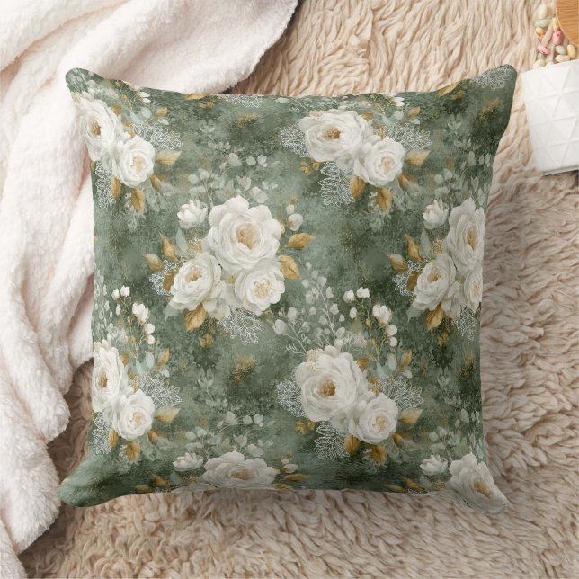 Coussin Couvre-thème floral à l'aquarelle vert sauge vinta (Couverture)