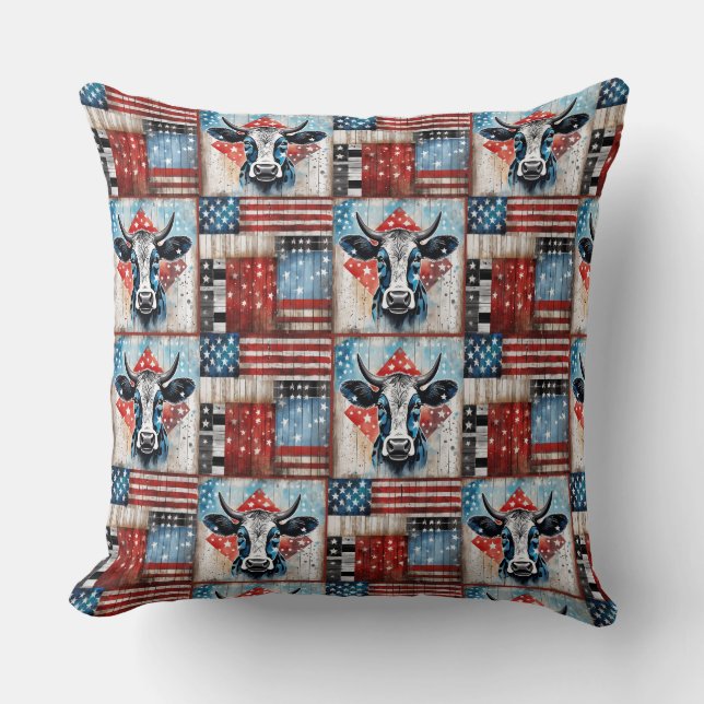 Coussin Cow American Flag Folk Art (Recto)