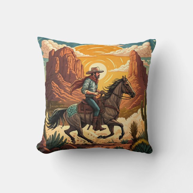 Coussin Cow-boy chevauchant un cheval au coucher du soleil (Recto)