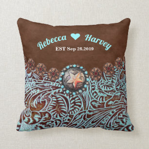 Coussin cowboy brun turquoise pays mariage de l'ouest