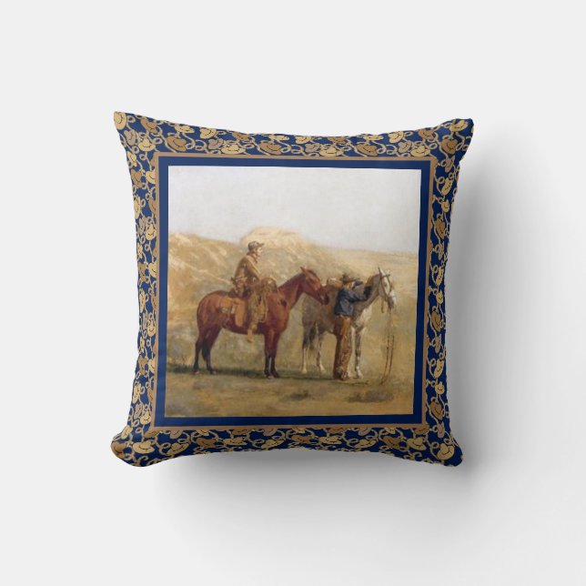 Coussin Cowboys occidentaux vintages et chevaux bleus (Recto)