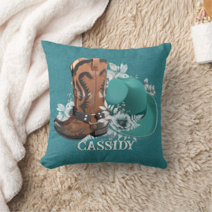 Coussin Cowgirl cowboy bottes casquette turquoise nom en c