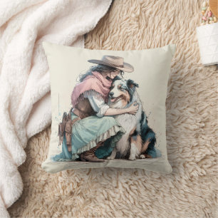 Coussin Cowgirl et chien aquarelle pastel