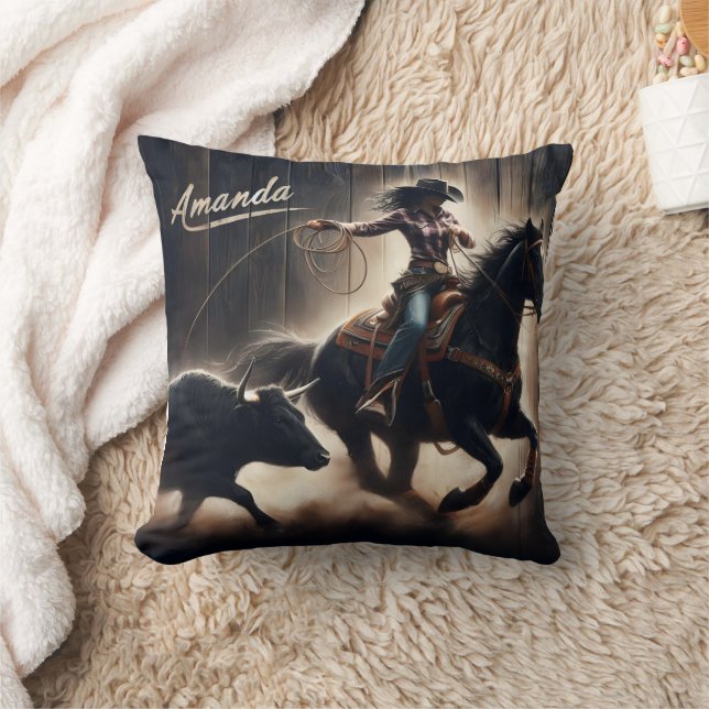 Coussin Cowgirl Roping a Steer lors d'un Rodeo Event (Couverture)
