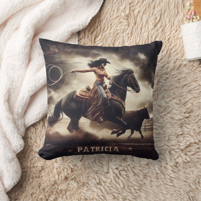Coussin Cowgirl Roping Bull à Rodeo Event (Couverture)