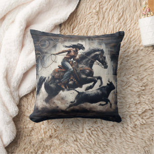 Coussin Cowgirl Roping Cattle à un rodéo passionnant