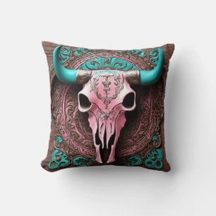 Coussin Cowgirl rose Turquoise Western Pays Bull SKull
