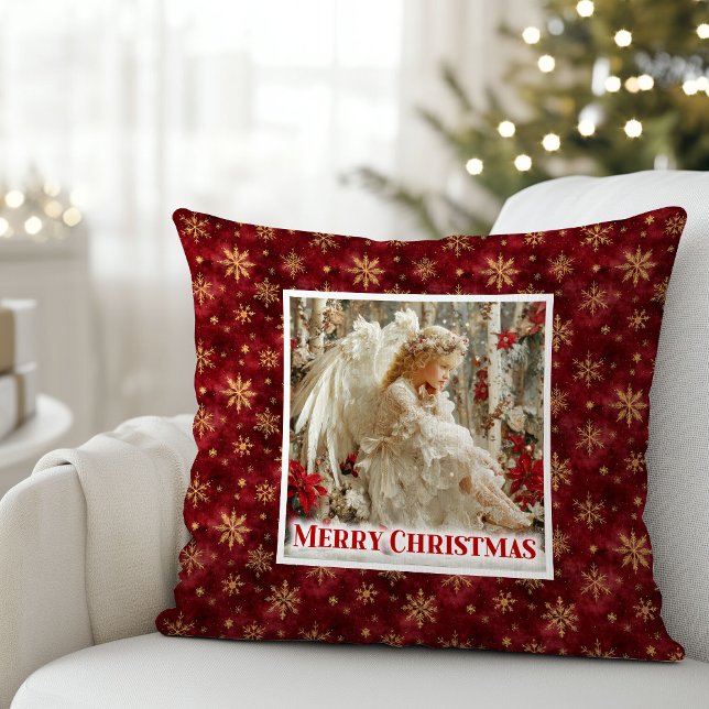 Coussin Cozy Angel Poinsettia Red Gold Custom Name Christm (Cozy Angel Poinsettia Red Gold Custom Name Christmas Pillow

)
