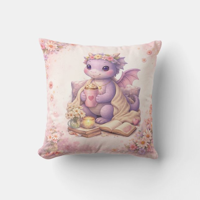Coussin Cozy Bookish Mom Dragon Coffee Throw Pillow (Recto)