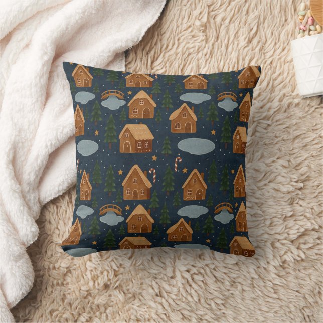 Coussin Cozy Gingerbread Houses Pattern Throw Pillow (Couverture)