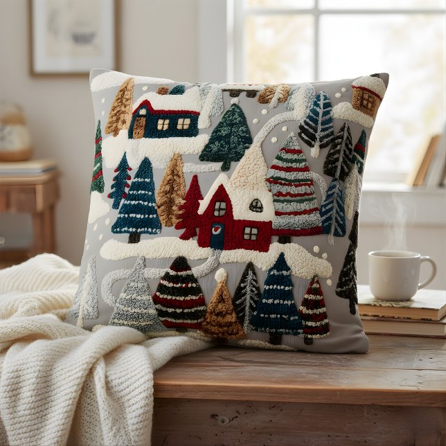 Coussin Cozy Winter Village & Forest Textured Art Style (Créateur téléchargé)