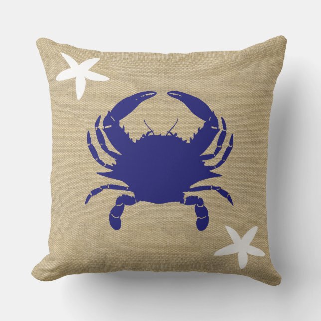 Coussin Crabe bleu et plage nautique "toile de jute " (Recto)