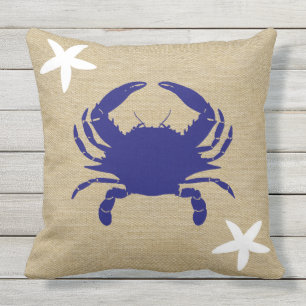 Coussin Crabe bleu et plage nautique "toile de jute "