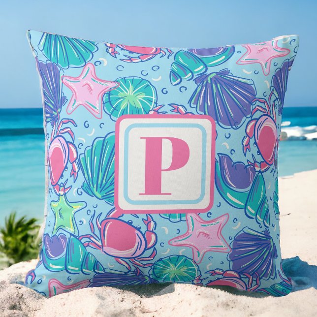 Coussin Crabe coquille de la plage de Preppy Monogram (Créateur téléchargé)