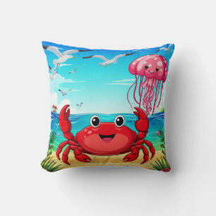 Coussin Crabe de dessin animé joyeux sur une plage vibrant