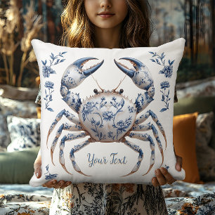 Coussin Crabe Floral Bleu de Delft Maison de Plage Rustiqu